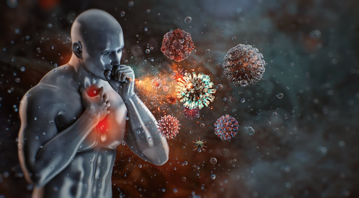 Ilustración médica de una infección respiratoria con vías respiratorias, tos y respuesta del sistema respiratorio