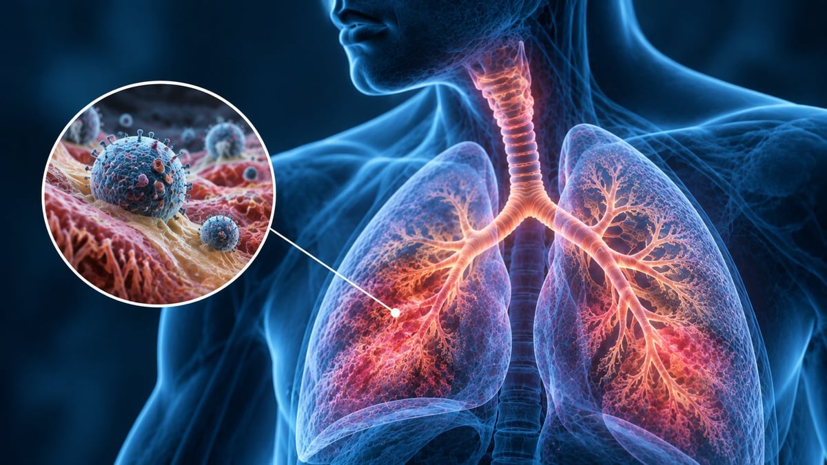 Ilustración 3D de pulmones con inflamación resaltada y detalle ampliado del tejido pulmonar