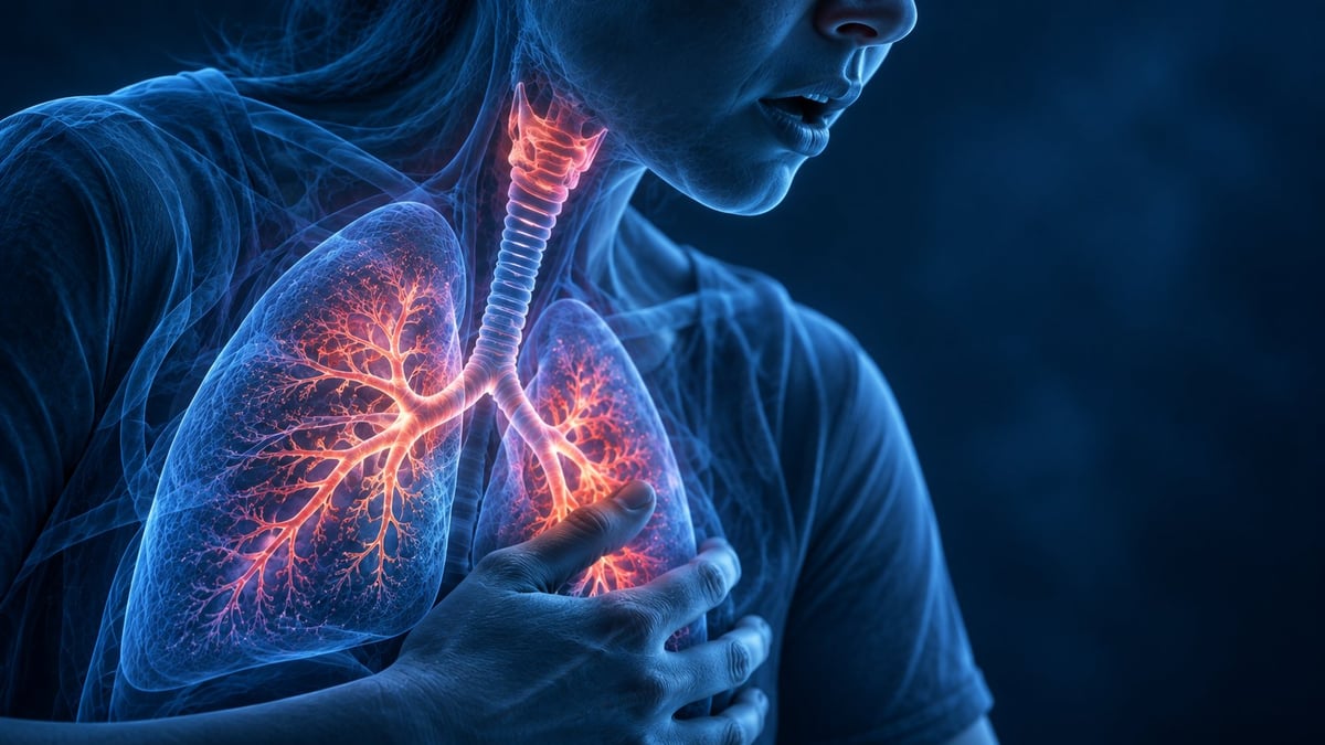 Ilustración digital de una persona con los pulmones iluminados en rojo y naranja sobre fondo azul