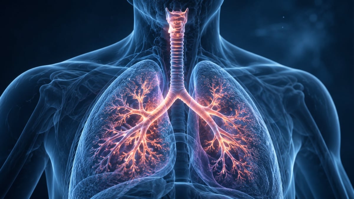 Ilustración anatómica de pulmones con vías respiratorias ramificadas resaltadas en azul y naranja