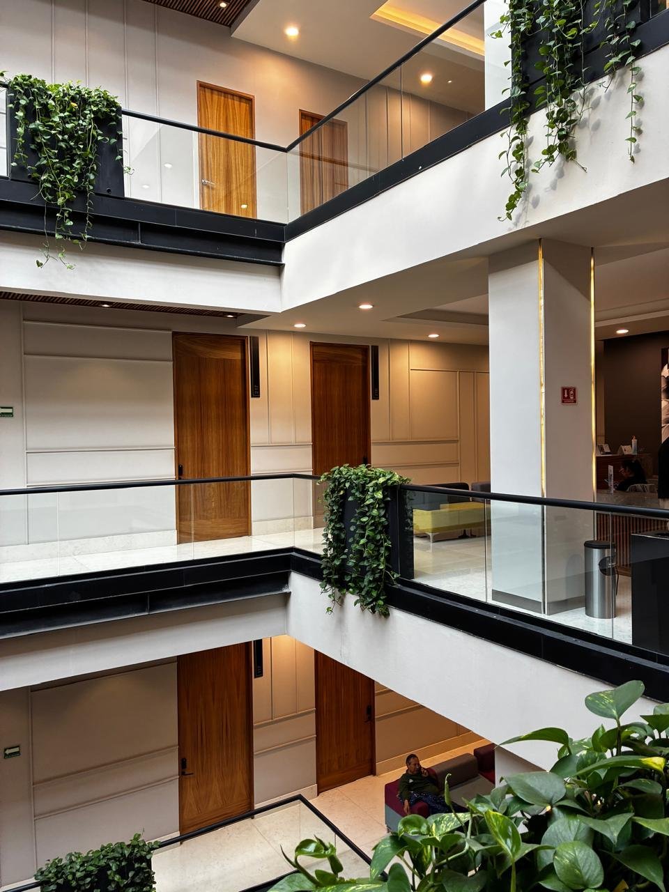 Multi-level modern interior with white walls, wood doors, glass railings, and hanging plants throughout the atrium space