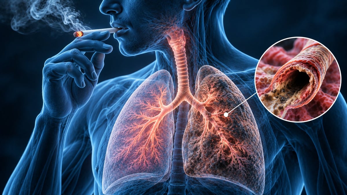 Ilustración médica de pulmones dañados por el humo del tabaco con vías respiratorias inflamadas