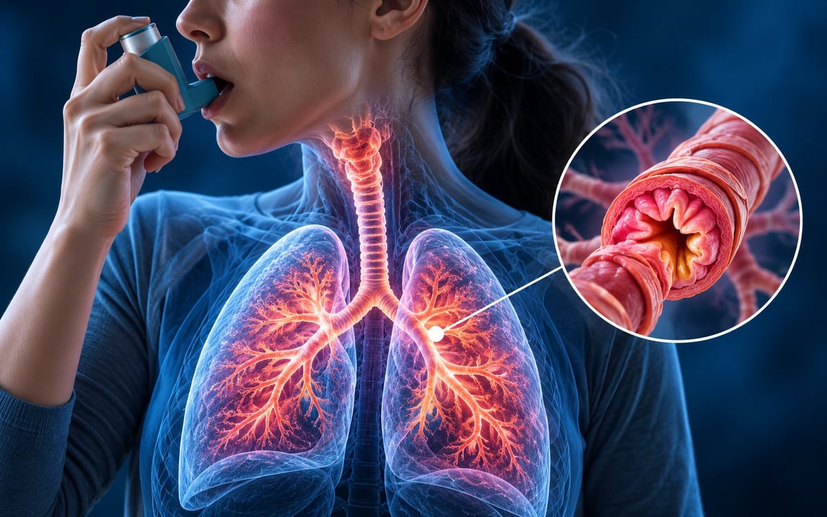 Ilustración médica de una persona usando un inhalador con vista transparente de los pulmones y las vías respiratorias inflamadas resaltadas en rojo