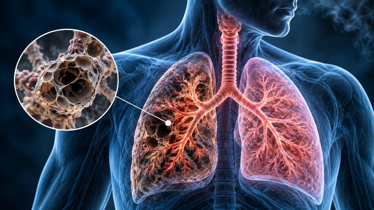 Ilustración digital de pulmones humanos con el sistema respiratorio resaltado en rojo y naranja sobre un contorno de esqueleto azul